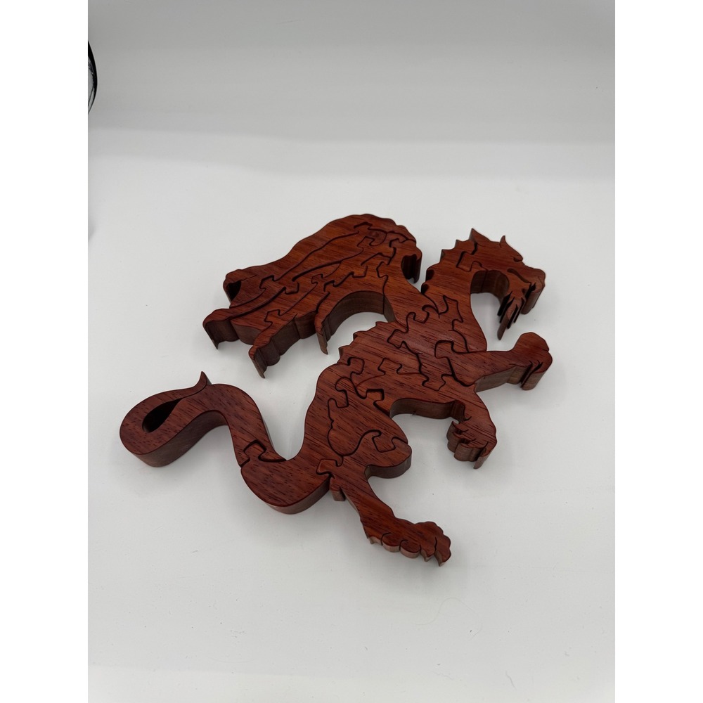 Handmade Wooden Dragon Puzzle 3D Standing Winged Mythical Beast Figurine Art